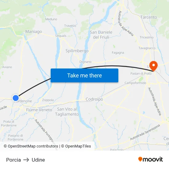 Porcia to Udine map