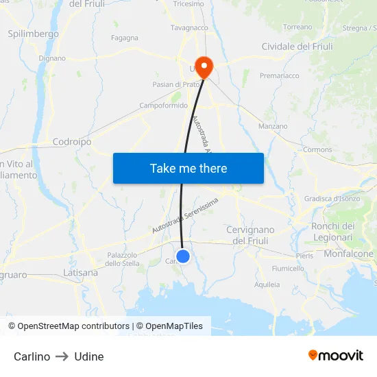 Carlino to Udine map