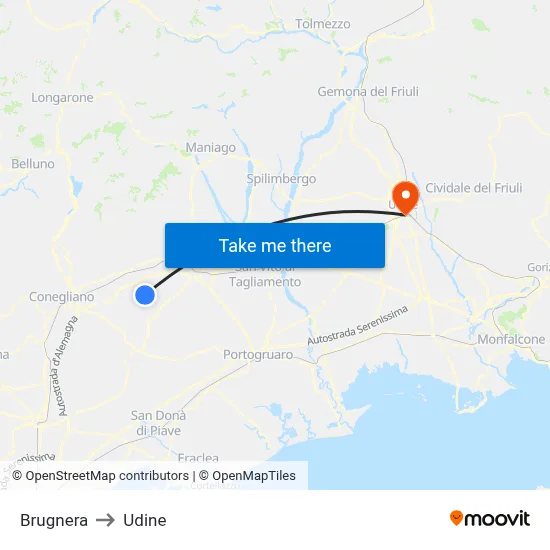 Brugnera to Udine map