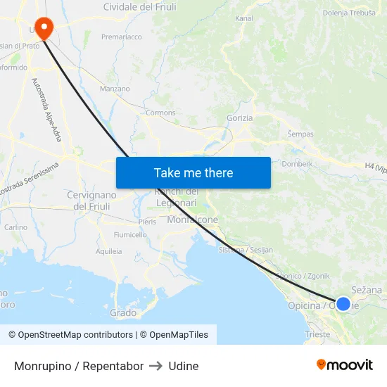 Monrupino / Repentabor to Udine map