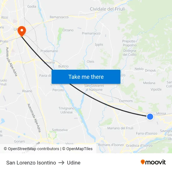 San Lorenzo Isontino to Udine map