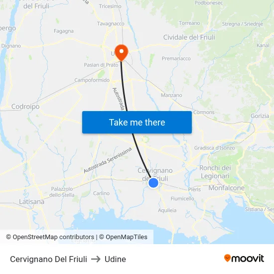 Cervignano del Friuli to Udine map
