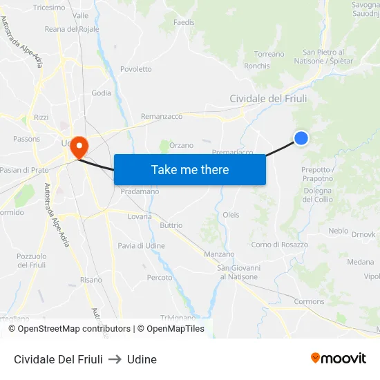 Cividale Del Friuli to Udine map