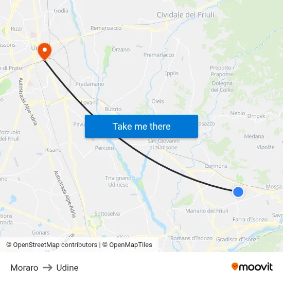 Moraro to Udine map