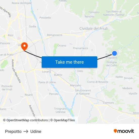 Prepotto to Udine map