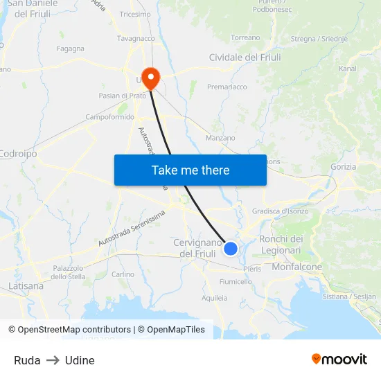 Ruda to Udine map