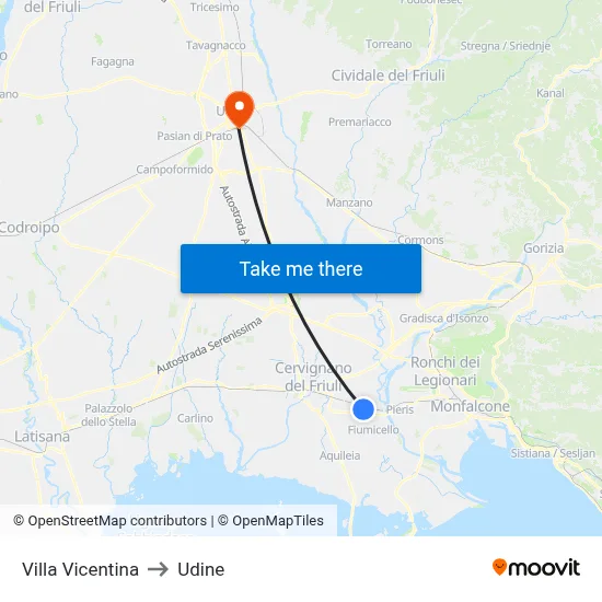 Villa Vicentina to Udine map