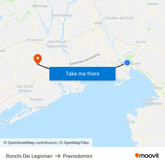 Ronchi Dei Legionari to Pravisdomini map