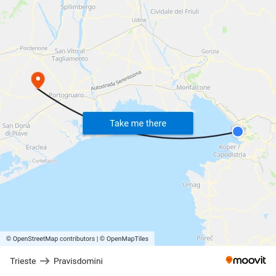 Trieste to Pravisdomini map