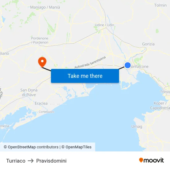 Turriaco to Pravisdomini map