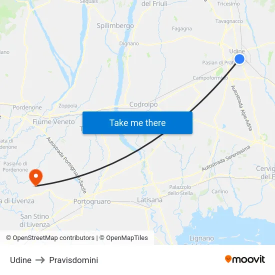 Udine to Pravisdomini map