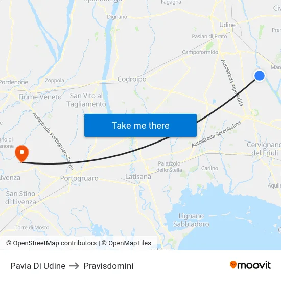 Pavia Di Udine to Pravisdomini map
