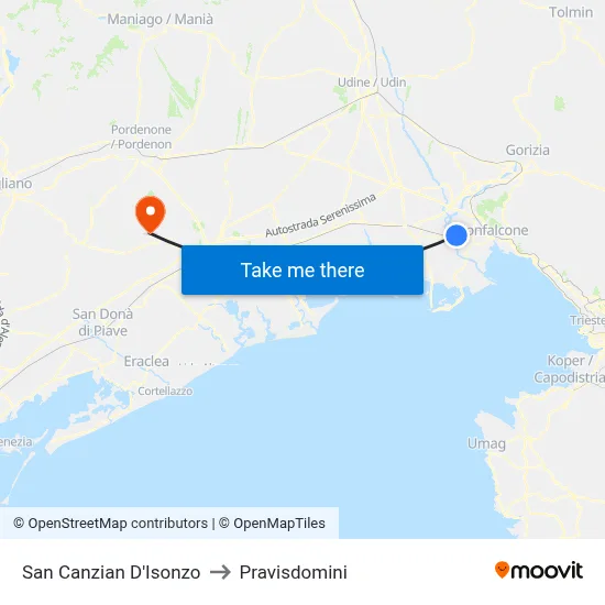 San Canzian d'Isonzo to Pravisdomini map