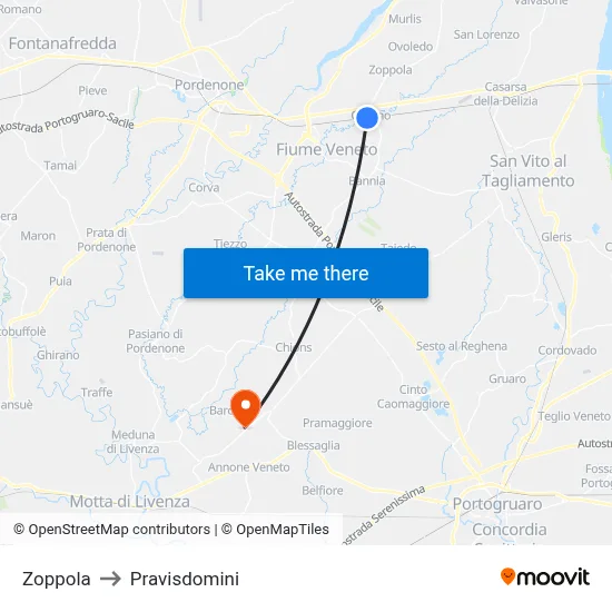 Zoppola to Pravisdomini map