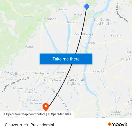 Clauzetto to Pravisdomini map