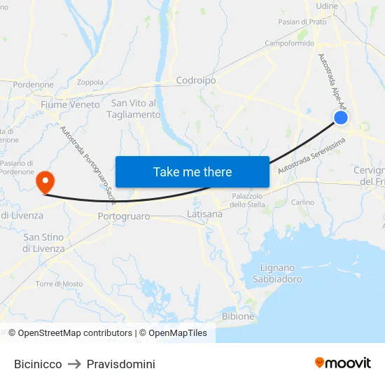 Bicinicco to Pravisdomini map