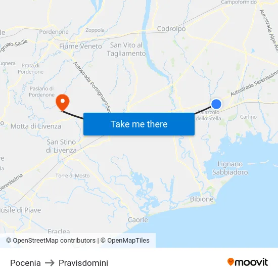 Pocenia to Pravisdomini map