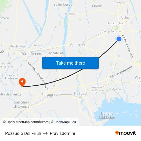 Pozzuolo Del Friuli to Pravisdomini map