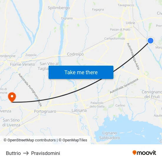 Buttrio to Pravisdomini map
