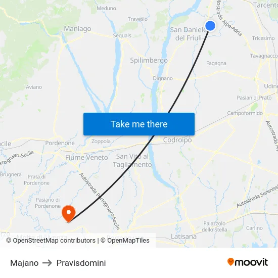 Majano to Pravisdomini map