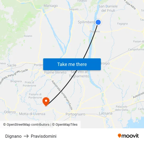 Dignano to Pravisdomini map