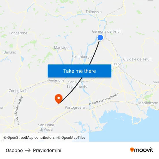 Osoppo to Pravisdomini map