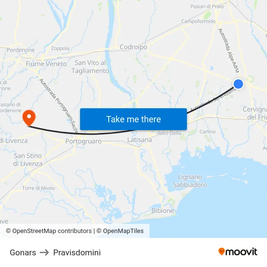 Gonars to Pravisdomini map