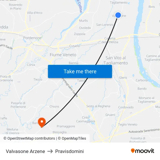 Valvasone Arzene to Pravisdomini map