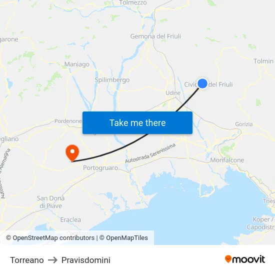 Torreano to Pravisdomini map