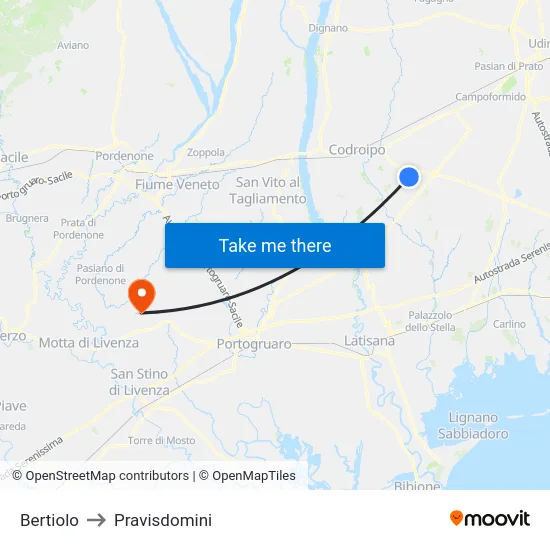 Bertiolo to Pravisdomini map