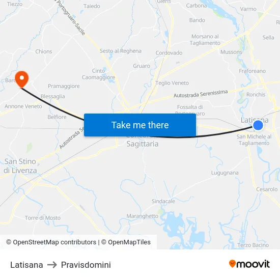 Latisana to Pravisdomini map