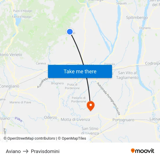 Aviano to Pravisdomini map