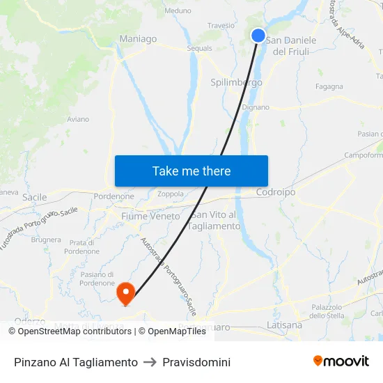 Pinzano Al Tagliamento to Pravisdomini map