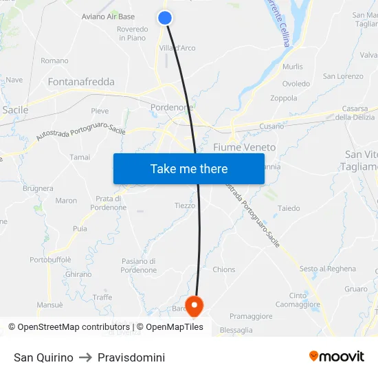 San Quirino to Pravisdomini map
