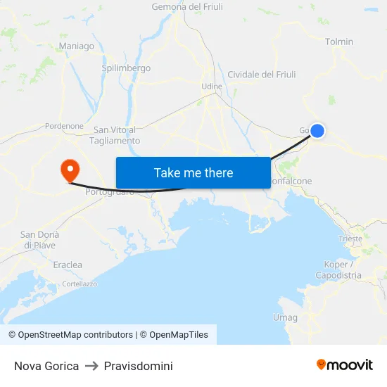 Nova Gorica to Pravisdomini map