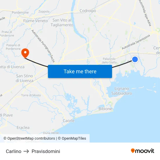 Carlino to Pravisdomini map