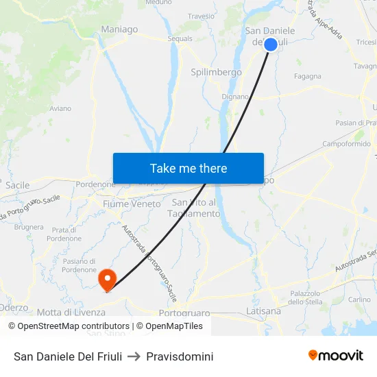 San Daniele Del Friuli to Pravisdomini map