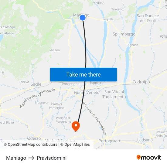 Maniago to Pravisdomini map