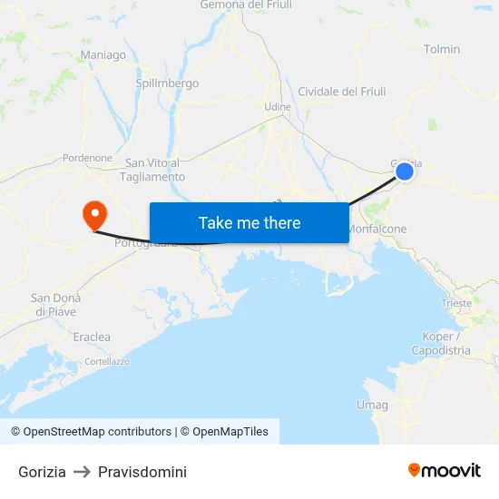 Gorizia to Pravisdomini map