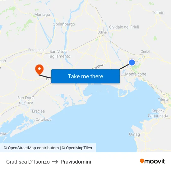 Gradisca D' Isonzo to Pravisdomini map