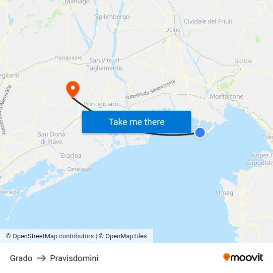 Grado to Pravisdomini map