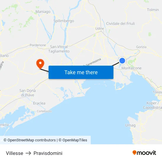 Villesse to Pravisdomini map
