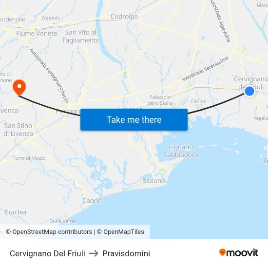 Cervignano Del Friuli to Pravisdomini map