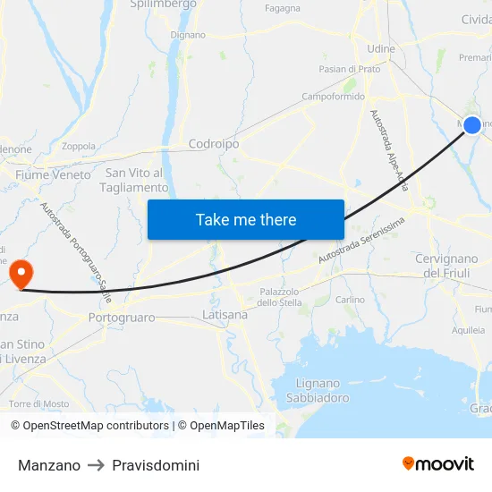 Manzano to Pravisdomini map