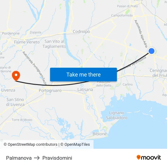 Palmanova to Pravisdomini map