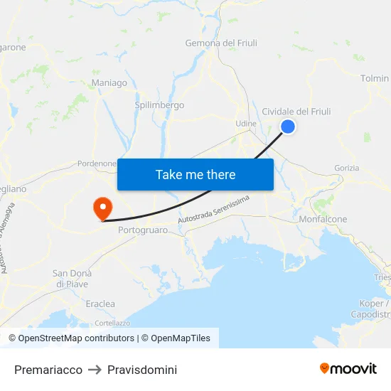 Premariacco to Pravisdomini map