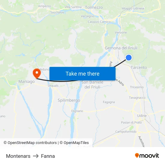 Montenars to Fanna map