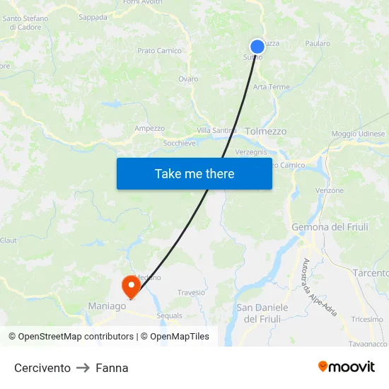 Cercivento to Fanna map