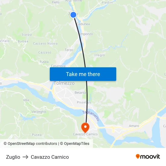 Zuglio to Cavazzo Carnico map