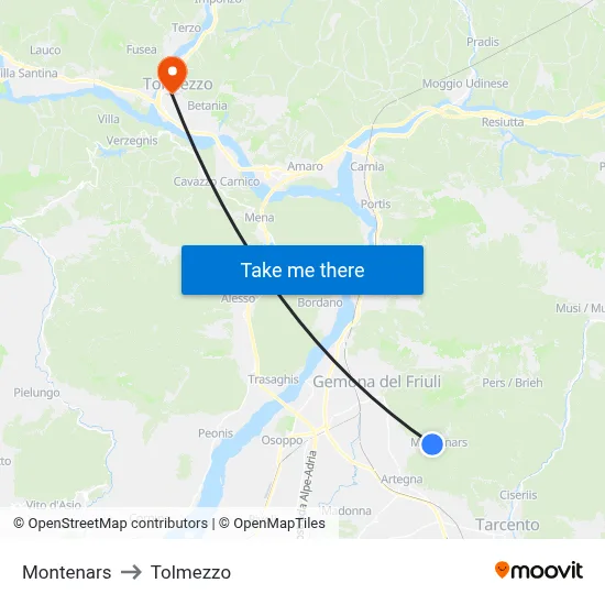 Montenars to Tolmezzo map